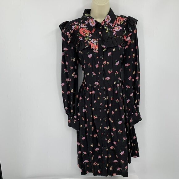 Jill Stuart black floral ruffle dress prairie cottage core shirtdress XS X-Small - Picture 5 of 6